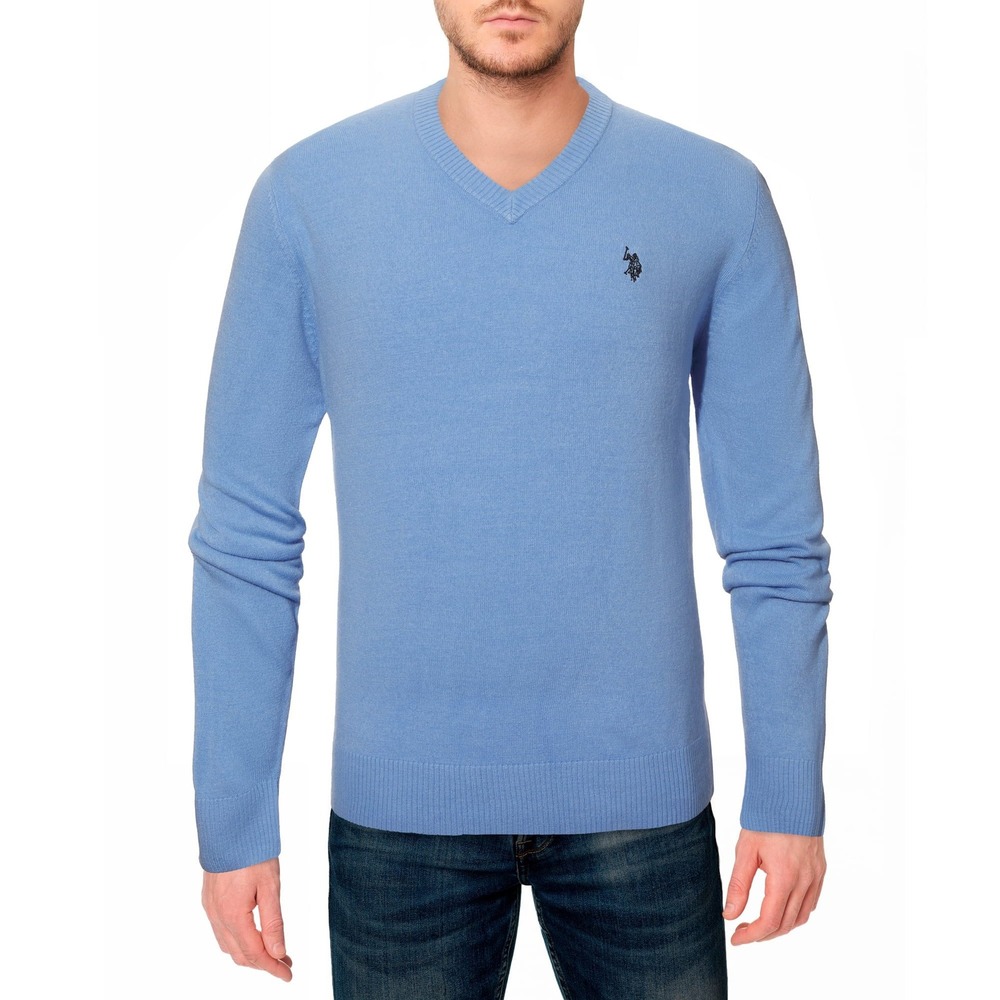 US Polo Assn Sweater Light Blue Acrylic Long Sleeve Knit V Neck Pony Logo Sz XXL